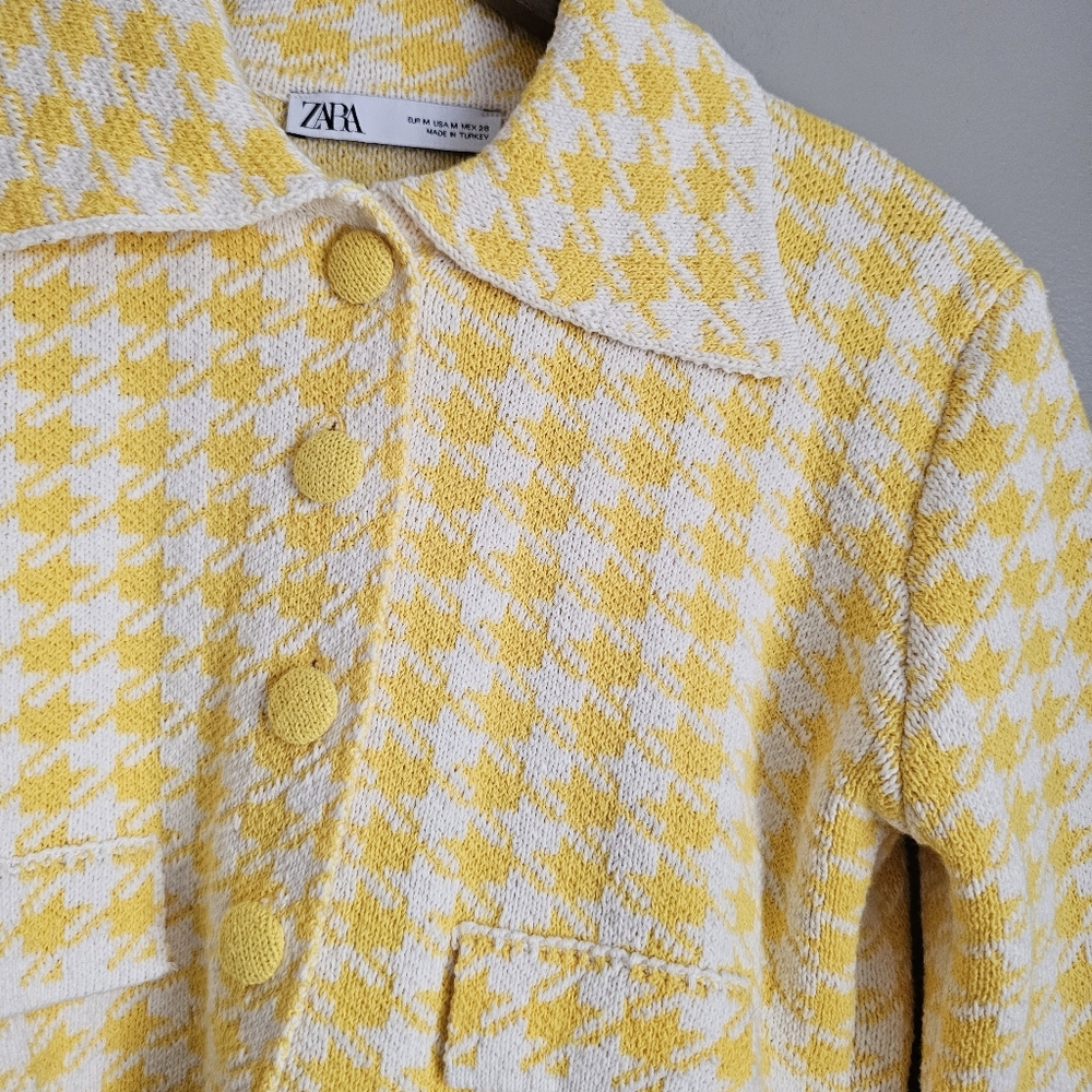 Zara Houndstooth Spring Cropped Knit Blazer Suit Jacket Yellow White Influencer